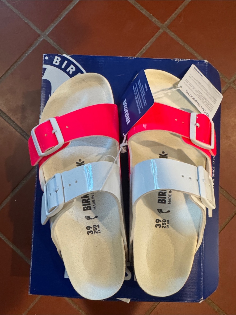 Birkenstock White and Bright Pink Two-strap Slide Sandals - Picture 3 of 4